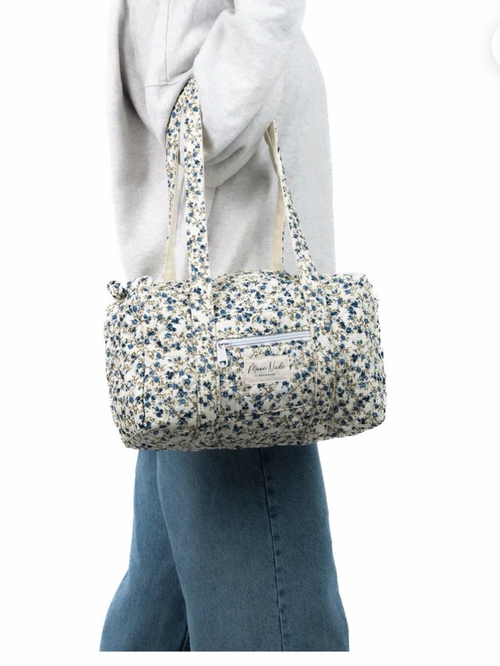 New Moon nude Floral Quilted Tote Bag in Cream and Blue
